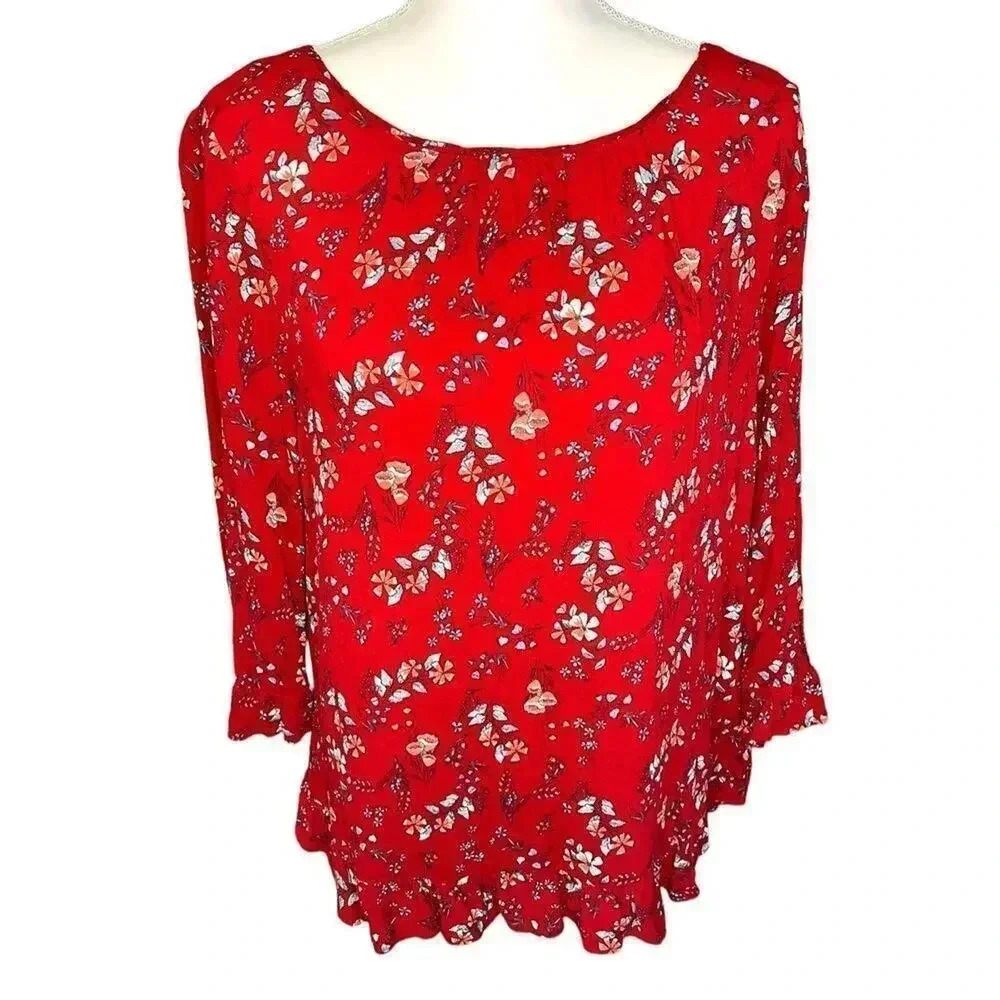 Gap Women’s Small Red Floral Blouse with Ruffle Trim Soft And Flowy‎